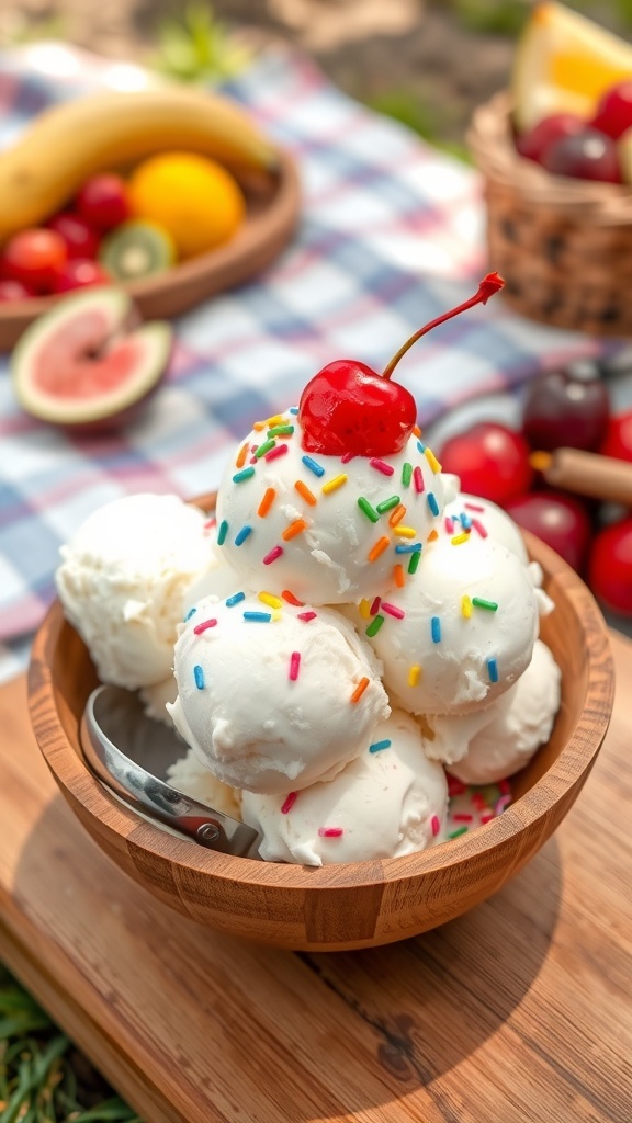 A bowl of vanilla ice cream with sprinkles and a cherry in a rustic setting.